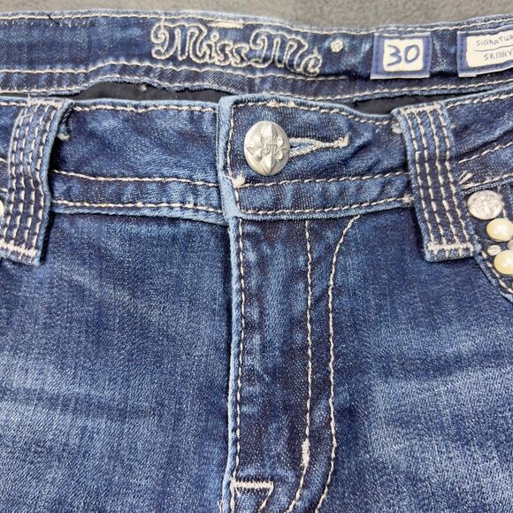 Miss Me Signature Skinny Jeans Womens 30 Blue Distressed Pearl Rhinestone Flap - Picture 4 of 16